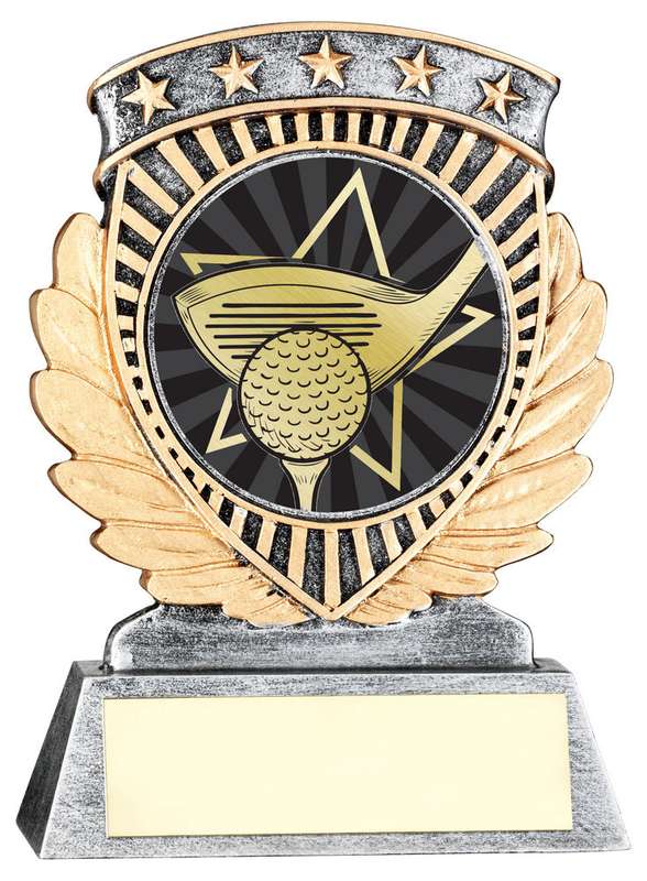 PEW/GOLD 5 STAR HOLDER WITH VINYL GOLF INSERT & PLATE – 3.75in